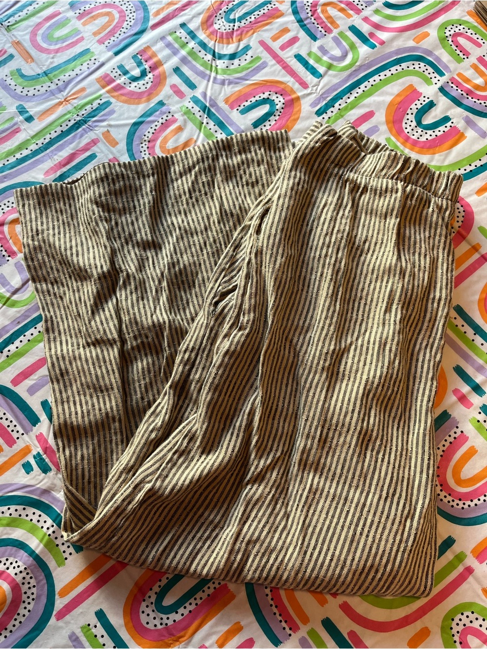 Striped Linen-Blend Wide Leg Pants in Tan and Black